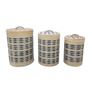 TELENDOS ΚΑΛΑΘΙ ΜΕ ΚΑΠΑΚΙ SET 3ΤΜΧ 36x36x52cm ΞΥΛΟ ΕΛΑΤΟΥ WHITE WASHED ΜΠΛΕ ΥΦΑΣΜΑ
