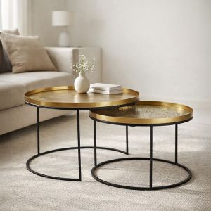 TOTALE COFFEE TABLE SET 2ΤΕΜ BRASS ANTIQUE ΜΑΥΡΟ 76x76x43.5cm
