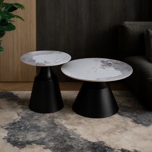ATRIUM COFFEE TABLE SET 2ΤΕΜ ΛΕΥΚΟ ΜΕ ΟΨΗ ΜΑΡΜΑΡΟΥ ΜΑΥΡΟ 70x70x38cm